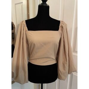 New Peasant Square Neck Cropped Top Dramatic Puff Sleeve Beige Size Large Boho
